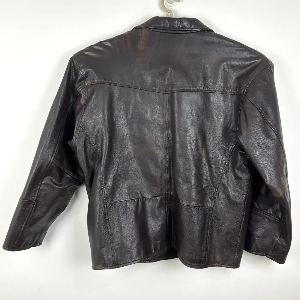 VINTAGE Brown Leather Jacket Distressed Patina size 54 (52
